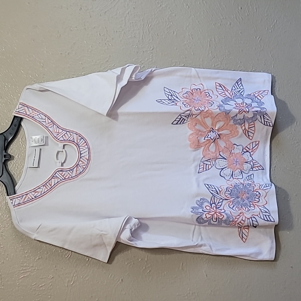alfred dunner blouse‎ short sleeve floral embroidered Size L pre-owned